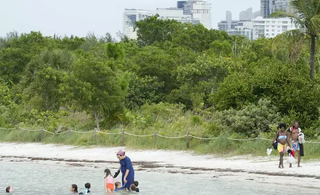 Families enjoy the beach at Oleta River State Park, Thursday, Aug. 22, 2024, in North Miami Beach, Fla. The park is Florida's urban park. A proposal by the Florida's Department of Environmental Protection to build new sports facilities, hotels, and glamping sites at eight state parks across the state has drawn a wave of opposition, not just from nature lovers and birdwatchers but also from members of Governor Ron DeSantis' Cabinet. (AP Photo/Marta Lavandier)