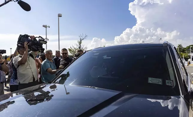 Former U.S. Rep George Santos leaving the federal courthouse in Central Islip, N.Y. on, Monday, Aug., 19, 2024. (AP Photo/Stefan Jeremiah)