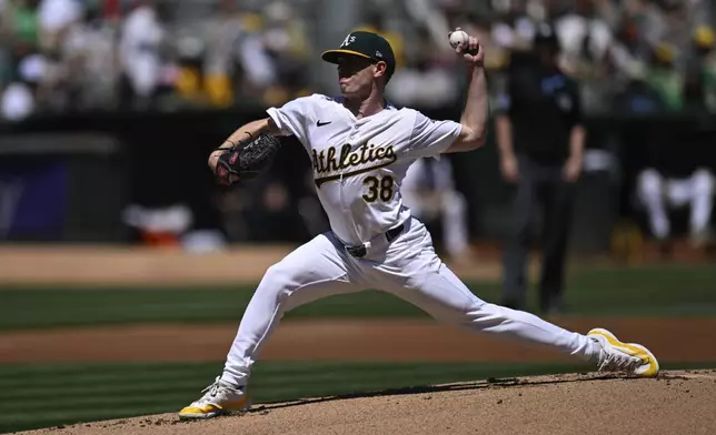 Oakland Athletics pitcher JP Sears throws against the San Francisco Giants during the first inning of a baseball game Sunday, Aug. 18, 2024, in Oakland, Calif. (AP Photo/Eakin Howard)