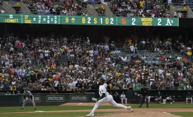 Oakland Athletics' Michel Otañez pitches to a San Francisco Giants batter during the ninth inning of a baseball game Saturday, Aug. 17, 2024, in Oakland, Calif. (AP Photo/Godofredo A. Vásquez)