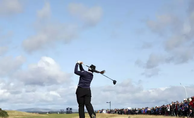 United States' Lilia Vu plays her tee shot on the 3rd during the second round of the Women's British Open golf championship, in St Andrews, Scotland Friday, Aug. 23, 2024. (AP Photo/Scott Heppell)