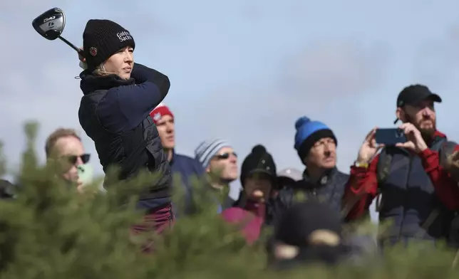 United States' Nelly Korda plays her tee shot on the 9th during the second round of the Women's British Open golf championship, in St Andrews, Scotland, Friday, Aug. 23, 2024. (AP Photo/Scott Heppell)