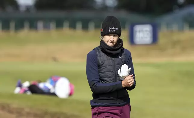 United States' Nelly Korda walks to the 3rd tee during the second round of the Women's British Open golf championship, in St Andrews, Scotland Friday, Aug. 23, 2024. (AP Photo/Scott Heppell)