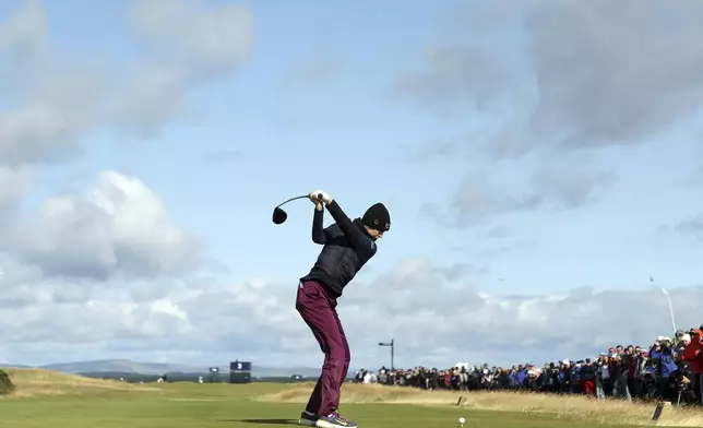 United States' Nelly Korda plays her tee shot on the 3rd during the second round of the Women's British Open golf championship, in St Andrews, Scotland Friday, Aug. 23, 2024. (AP Photo/Scott Heppell)