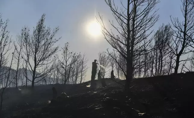 A firefighter operates near Penteli, northeast of Athens, Greece, Monday, Aug. 12, 2024. Hundreds of firefighters backed by dozens of water-dropping planes and helicopters were battling the flames from first light Monday.(AP Photo/Michael Varaklas)