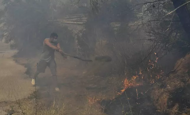 A volunteer throws dirt with a shovel on flames, in Dioni, northeast of Athens, Greece, Monday, Aug. 12, 2024. Hundreds of firefighters backed by dozens of water-dropping planes and helicopters were battling the flames from first light Monday, with a major forest fire that began the previous day raging out of control on the fringes of Athens, fanned by strong winds. (AP Photo/Michael Varaklas)