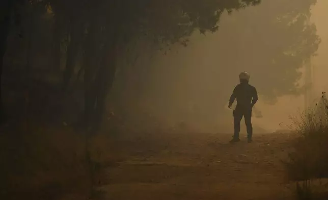 A police officer stands amidst smoke in Dioni, northeast of Athens, Greece, Monday, Aug. 12, 2024. Hundreds of firefighters backed by dozens of water-dropping planes and helicopters were battling the flames from first light Monday, with a major forest fire that began the previous day raging out of control on the fringes of Athens, fanned by strong winds. (AP Photo/Michael Varaklas)