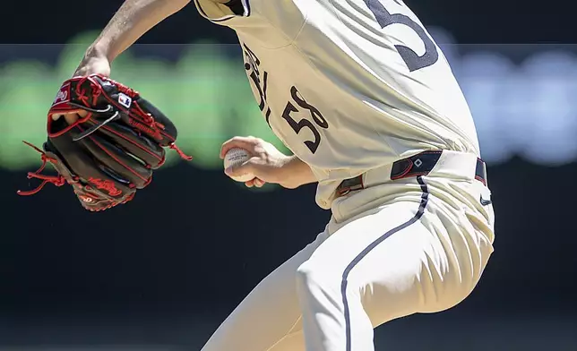 Minnesota Twins pitcher David Festa (58) pitches in the first inning of a baseball game against the Cleveland Guardians in Minneapolis, Minn., Sunday, Aug. 11, 2024. (Elizabeth Flores/Star Tribune via AP)