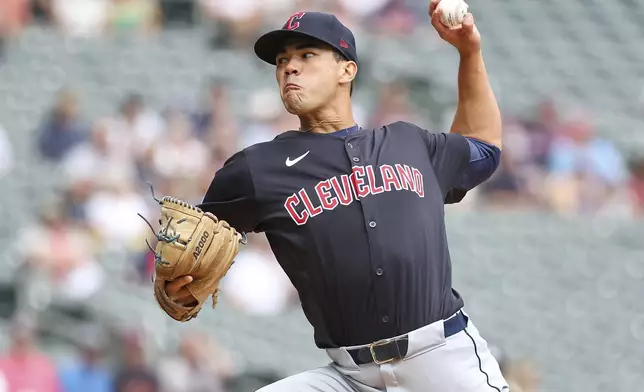 Cleveland Guardians starting pitcher Joey Cantillo delivers against the Minnesota Twins during the first inning of the first game of a baseball doubleheader, Friday, Aug. 9, 2024, in Minneapolis. (AP Photo/Matt Krohn)