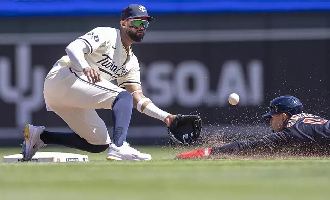 Cleveland Guardians' Andrés Giménez (0), right, beats Minnesota Twins second baseman Willi Castro (50) to second base in the top of the fourth inning of a baseball game in Minneapolis, Minn., Sunday, Aug. 11, 2024. (Elizabeth Flores/Star Tribune via AP)