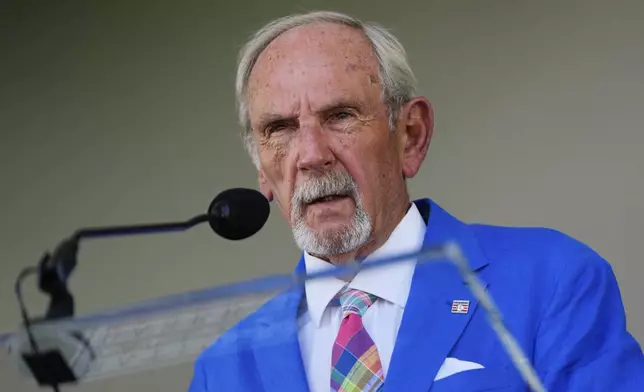 Baseball Hall of Fame inductee Jim Leyland speaks at the National Baseball Hall of Fame induction ceremony, Sunday, July 21, 2024, in Cooperstown, N.Y. (AP Photo/Julia Nikhinson)