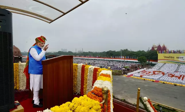 Indian Prime Minister Narendra Modi addresses the nation from the 17th century Mughal-era Red Fort monument during the country's Independence Day celebrations in New Delhi, India, Thursday, Aug. 15, 2024. (AP Photo/Manish Swarup)