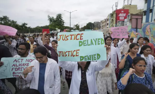 Doctors protesting against the alleged rape and killing of a trainee doctor at a government hospital in Kolkata, hold placards during a protest rally in Hyderabad, India, Thursday, Aug.22, 2024. (AP Photo/Mahesh Kumar A.)