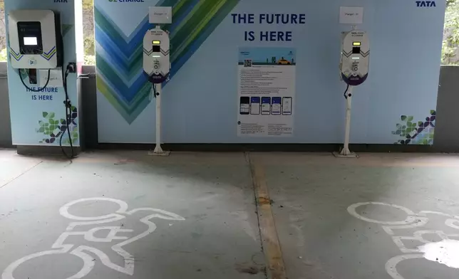 Electric Vehicle charging stations are seen a residential building parking area in Mumbai, India, July 26, 2024. (AP Photo/Rajanish Kakade)