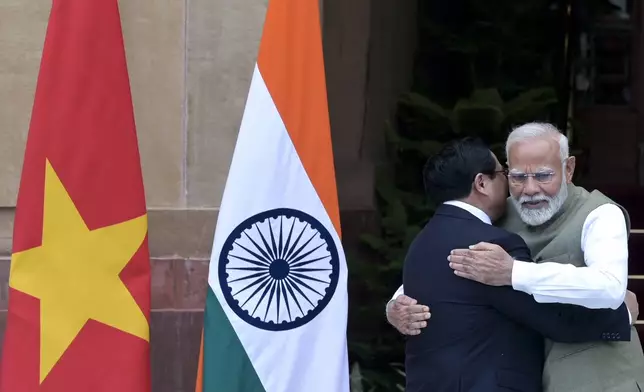 Indian Prime Minister Narendra Modi, right, receives his Vietnamese counterpart Pham Minh Chinh as the latter arrives for talks, in New Delhi, India, Thursday, Aug. 1, 2024. (AP Photo)