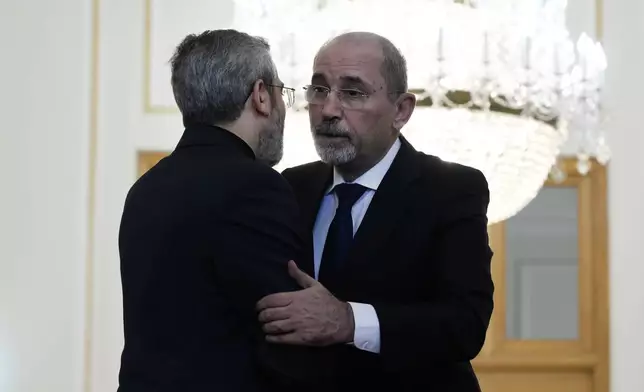 Jordan's Foreign Minister Ayman Safadi, right, is welcomed by Iran's acting Foreign Minister Ali Bagheri Kani, for their meeting in Tehran, Iran, Sunday, Aug. 4, 2024. (AP Photo/Vahid Salemi)