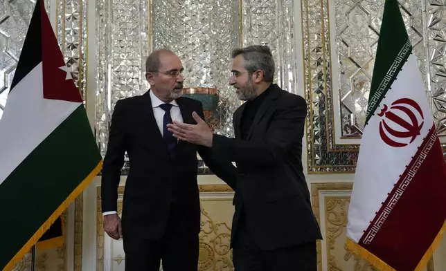 Iran's acting Foreign Minister Ali Bagheri Kani, right, welcomes Jordan's Foreign Minister Ayman Safadi for their meeting, in Tehran, Iran, Sunday, Aug. 4, 2024. (AP Photo/Vahid Salemi)