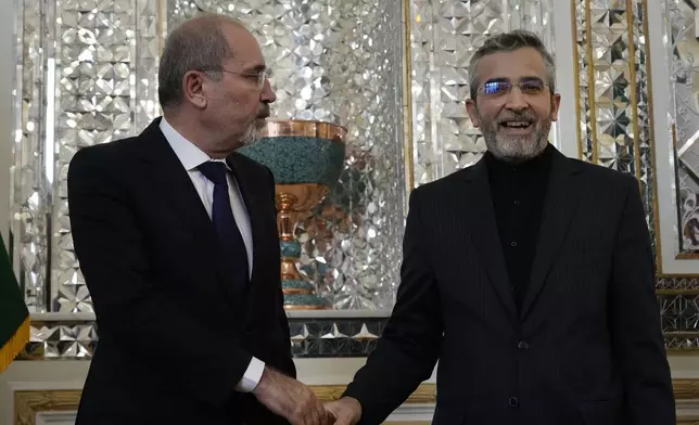 Jordan's Foreign Minister Ayman Safadi, left, and Iran's acting Foreign Minister Ali Bagheri Kani, shake hands before the start of their meeting in Tehran, Iran, Sunday, Aug. 4, 2024. (AP Photo/Vahid Salemi)