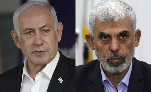 This combination of photos shows Israeli Prime Minister Benjamin Netanyahu, left, in Ramat Gan, Israel, on June 8, 2024, and Hamas leader Yahya Sinwar in Gaza City, on April 13, 2022. (AP Photo)