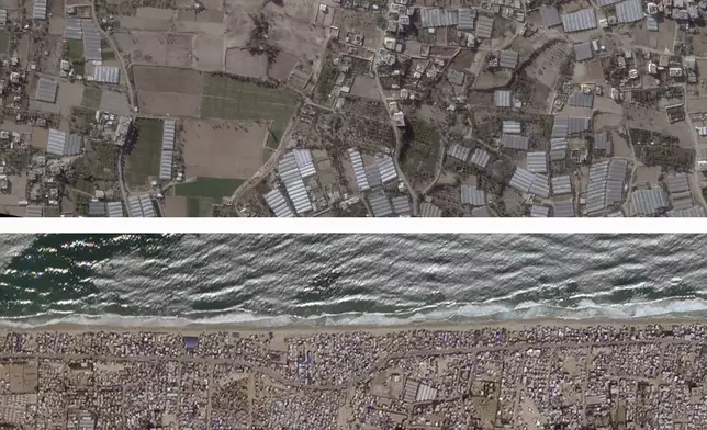 This satellite photo combination from Planet Labs shows Al-Mawasi, a Palestinian town on the southern coast of the Gaza Strip that Israel calls a "humanitarian zone", in May 2023. top, and with tent camps Aug. 2024, below. (Planet Labs via AP)