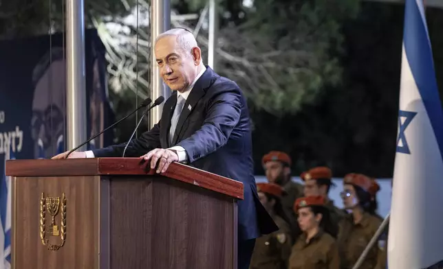 Israeli Prime Minister Benjamin Netanyahu speaks at the state memorial for Ze'ev Jabotinsky, at Mount Herzl Military Cemetery in Jerusalem, Sunday, Aug. 4, 2024. (Naama Grynbaum/Pool Photo via AP)