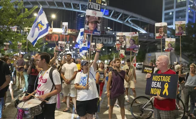 Relatives of hostages held by Hamas in the Gaza Strip and their supporters protest in Tel Aviv, Israel, Tuesday, Aug. 27, 2024. (AP Photo/Ohad Zwigenberg)