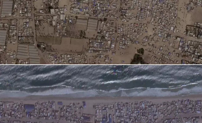 This satellite photo combination from Planet Labs shows tent camps in Al-Mawasi, a Palestinian town on the southern coast of the Gaza Strip that Israel calls a "humanitarian zone" in July 2024, above, and Aug. 2024 below. (Planet Labs via AP)