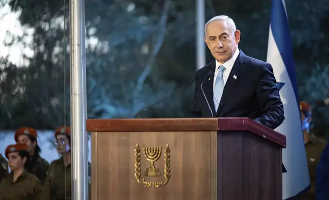 Israeli Prime Minister Benjamin Netanyahu speaks at the state memorial for Ze'ev Jabotinsky, at Mount Herzl Military Cemetery in Jerusalem, Sunday, Aug. 4, 2024. (Naama Grynbaum/Pool Photo via AP)