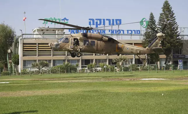 In this photo released by Israeli Defense Forces on Tuesday, Aug. 27, 2024, a military helicopter carrying Qaid Farhan Alkadi lands at the Soroka Medical Center in Beersheba, Israel. The military said on Tuesday that 52-year-old Qaid Farhan Alkadi was rescued "in a complex operation in the southern Gaza Strip." (Israeli Defense Forces via AP)