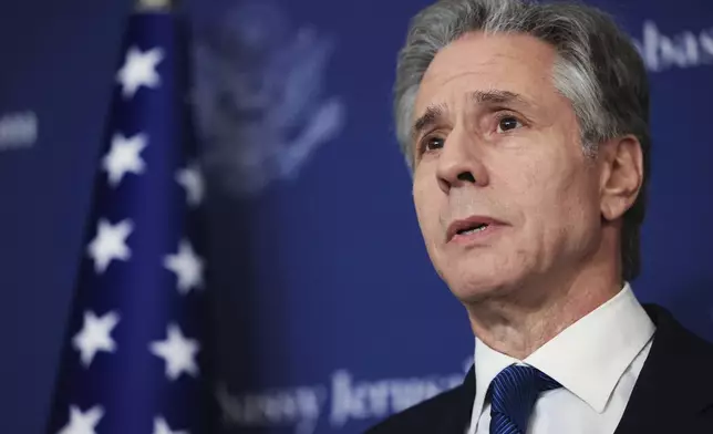 U.S. Secretary of State Antony Blinken speaks to media at the David Kempinski Hotel in Tel Aviv, Israel, Monday, Aug. 19, 2024. (Kevin Mohatt/Pool Photo via AP)