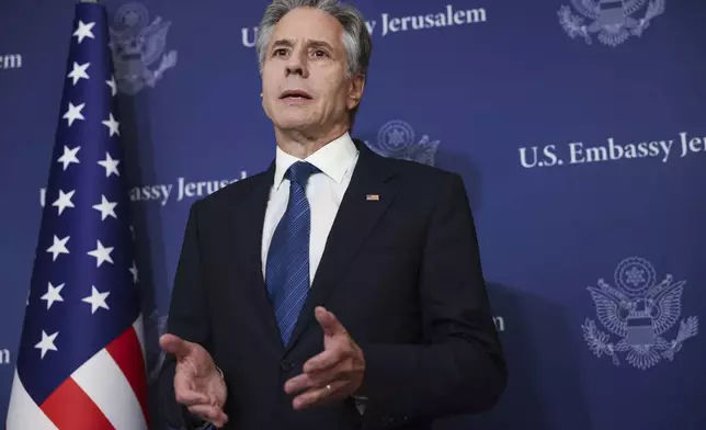 U.S. Secretary of State Antony Blinken speaks to media at the David Kempinski Hotel in Tel Aviv, Israel, Monday, Aug. 19, 2024. (Kevin Mohatt/Pool Photo via AP)