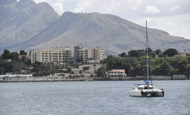 A view of the Hotel Domina Zagarella which hosts the survivors of the Bayesian's shipwreck in Porticello, southern Italy, Tuesday, Aug. 20, 2024. Rescue teams and divers returned to the site of a storm-sunken superyacht Tuesday to search for six people, including British tech magnate Mike Lynch, who are believed to be still trapped in the hull 50 meters (164-feet) underwater. (AP Photo/Salvatore Cavalli)