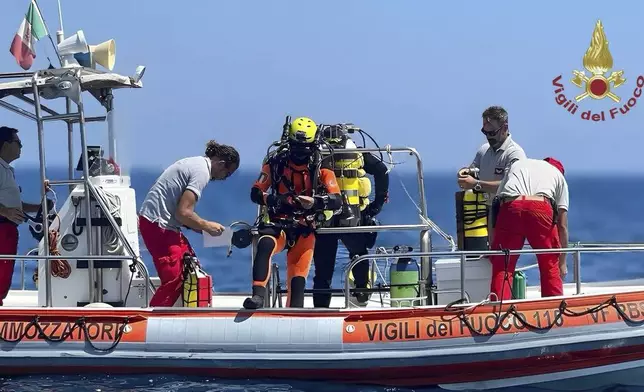 This picture released by the Italian Firefighters on Friday, Aug. 23, 2024, shows a firefighter cave diver as he prepares to reach the wrecked luxury superyacht Bayesian that sunk early Monday off the Sicilian coast in Porticciolo, in southern Italy. (Vigili del Fuoco via AP, HO)