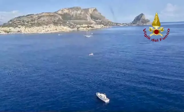 This picture taken from video released by the Italian Firefighters on Monday, Aug. 19, 2024, show the stretch of Sea near Palermo, Sicily, in southern Italy, where the sail yacht Bayasian under UK flag sank early Monday. (Vigili del Fuoco via AP, HO)