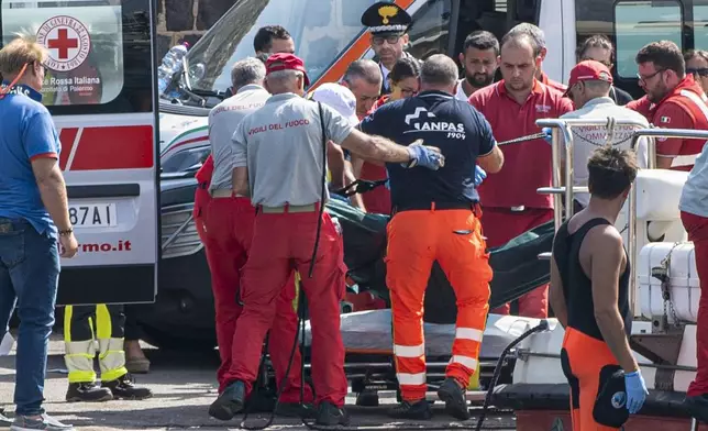 Rescuers recoup the body of one of the victims of the UK flag vessel Bayesan that sunk early Monday, Aug. 19, 2024, while at anchor off the Sicilian village of Porticello near Palermo, in southern Italy. (AP Photo/Lucio Ganci)