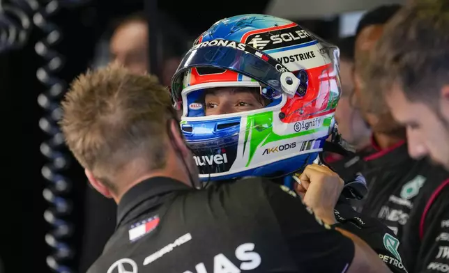 Mercedes driver Andrea Kimi Antonelli of Italy prepares for the first free practice ahead of the Formula One Italian Grand Prix race at the Monza racetrack, in Monza, Italy, Friday, Aug. 30, 2024. (AP Photo/Luca Bruno)