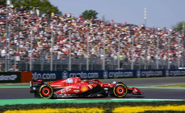 Ferrari driver Charles Leclerc of Monaco steers his car during the first free practice ahead of the Formula One Italian Grand Prix race at the Monza racetrack, in Monza, Italy, Friday, Aug. 30, 2024. (AP Photo/Luca Bruno)