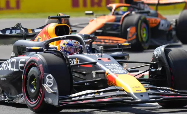 Red Bull driver Max Verstappen of the Netherlands steers his car during the first free practice ahead of the Formula One Italian Grand Prix race at the Monza racetrack, in Monza, Italy, Friday, Aug. 30, 2024. (AP Photo/Luca Bruno)