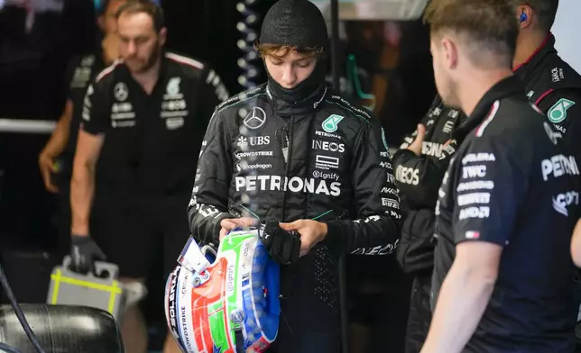 Mercedes driver Andrea Kimi Antonelli of Italy prepares for the first free practice ahead of the Formula One Italian Grand Prix race at the Monza racetrack, in Monza, Italy, Friday, Aug. 30, 2024. (AP Photo/Luca Bruno)