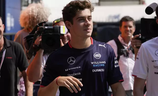 Williams driver Franco Colapinto of Argentina arrives at the Monza racetrack, in Monza, Italy, Thursday, Aug.29, 2024. The Formula one race will be held on Sunday. (AP Photo/Luca Bruno)