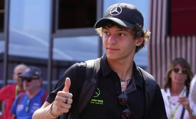 Mercedes driver Andrea Kimi Antonelli of Italy thus up in the paddock at the Monza racetrack, in Monza, Italy, Thursday, Aug.29, 2024. The Formula one race will be held on Sunday. (AP Photo/Luca Bruno)