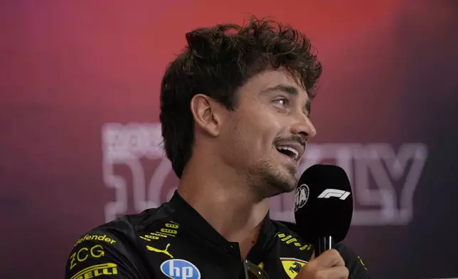 Ferrari driver Charles Leclerc of Monaco attends a news conference at the Monza racetrack, in Monza, Italy, Thursday, Aug.29, 2024. The Formula one race will be held on Sunday. (AP Photo/Luca Bruno)