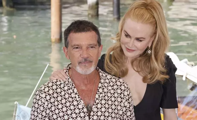 Antonio Banderas, left, and Nicole Kidman pose for photographers upon arrival for the press conference of the film 'Babygirl' during the 81st edition of the Venice Film Festival in Venice, Italy, on Friday, Aug. 30, 2024. (Photo by Joel C Ryan/Invision/AP)