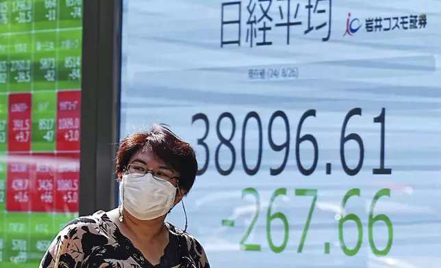 A person walks in front of an electronic stock board showing Japan's Nikkei index at a securities firm Monday, Aug. 26, 2024, in Tokyo. (AP Photo/Eugene Hoshiko)