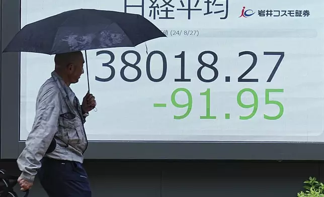 A person walks in front of an electronic stock board showing Japan's Nikkei index at a securities firm Tuesday, Aug. 27, 2024, in Tokyo. (AP Photo/Eugene Hoshiko)