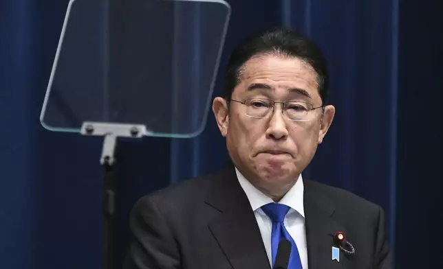 Japan's Prime Minister Fumio Kishida speaks during a press conference at his office in Tokyo as he announced he will not run in the upcoming party leadership vote in September, Wednesday, Aug. 14, 2024. (Philip Fong/Pool Photo via AP)