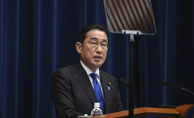 Japan's Prime Minister Fumio Kishida speaks during a press conference at his office in Tokyo as he announced he will not run in the upcoming party leadership vote in September, Wednesday, Aug. 14, 2024. (Philip Fong/Pool Photo via AP)