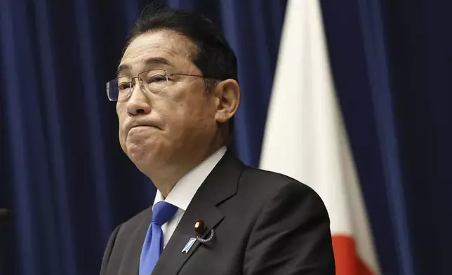 Japan's Prime Minister Fumio Kishida speaks during a press conference at his office in Tokyo to announce he will not run in the upcoming party leadership vote in September, Wednesday, Aug. 14, 2024. (Japan Pool/Kyodo News via AP)