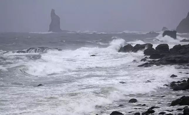 Waves hit a coastal area in Makurazaki, Kagoshima prefecture, western Japan, Wednesday, Aug. 28, 2024, as a typhoon is approaching. (Hidetaka Komukai/Kyodo News via AP)