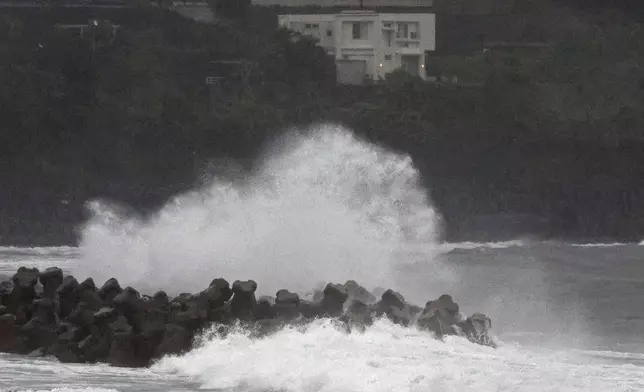 Waves hit a coastal area in Makurazaki, Kagoshima prefecture, western Japan, Wednesday, Aug. 28, 2024, as a typhoon is approaching. (Hidetaka Komukai/Kyodo News via AP)